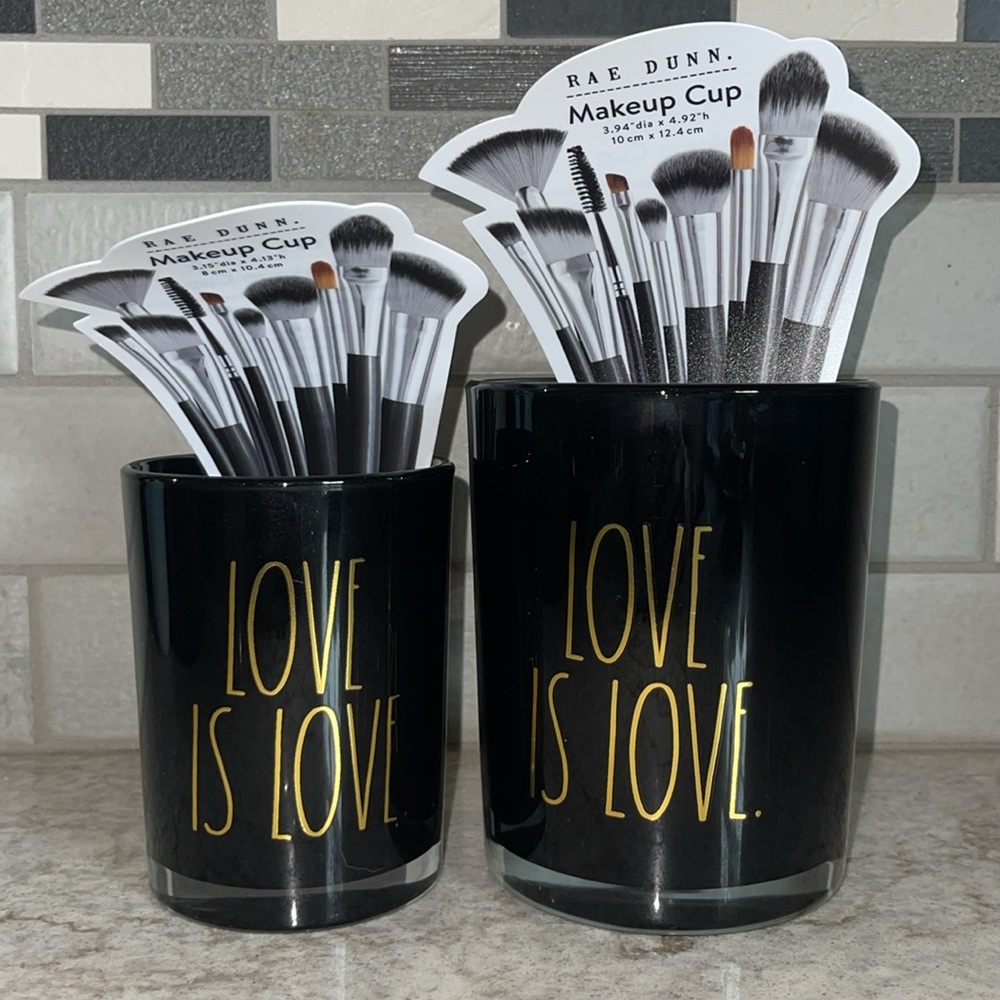 2 Rare Rae Dunn Makeup Brush Glass Cup Holder love is love Black and Gold set